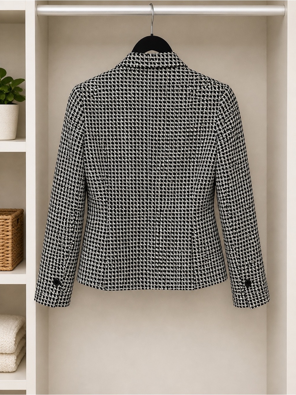 H&M Black White Tweed Blazer Jacket Cropped Houndstooth Size 6 - Picture 2 of 3